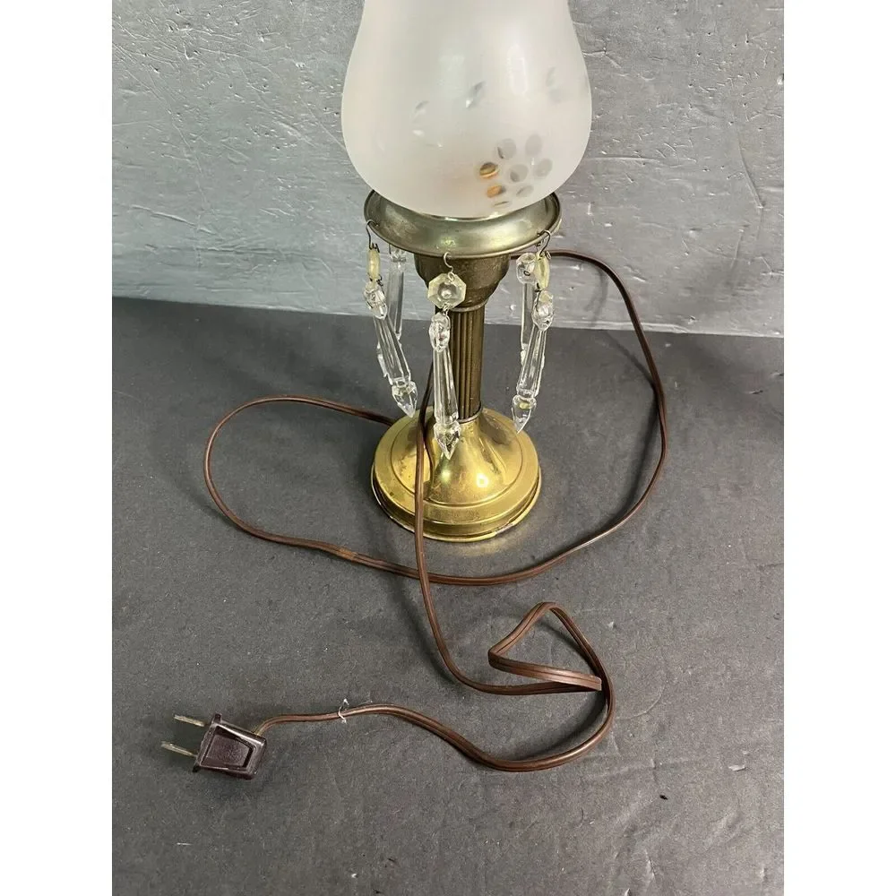 Vintage Astral Brass‎ Boudoir Lamp Crystal Prism Drops Glass Shade Electric